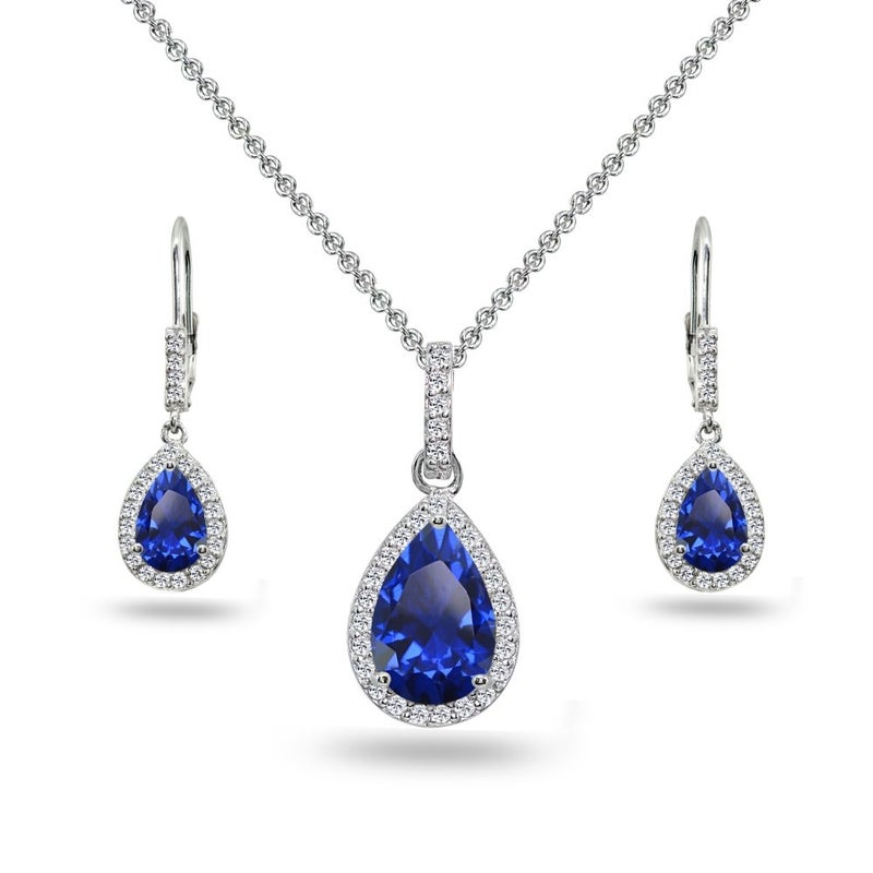 B. BRILLIANT Sterling Silver Created Blue Sapphire & White Topaz Teardrop Dangling Necklace & Leverback Drop Dangle Earrings Jewelry Set for Women with Gift Box - Image 1